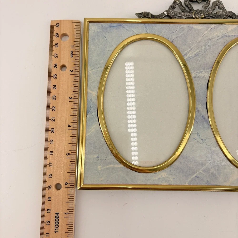 Burnes Vintage Double Picture Frame Marbled Blue Purple Gold‎ Tone Bow Detail